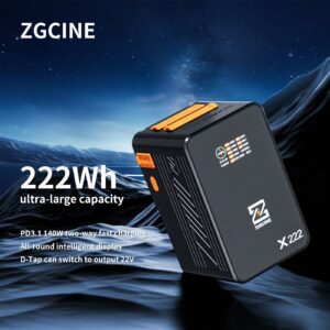ZG-X222 V-Mount Battery 222Wh, PD3.1 140W Input/Output, with Dual USB-C, 3-D-TAP, Dual DC Port, 1.4in Digital Display
